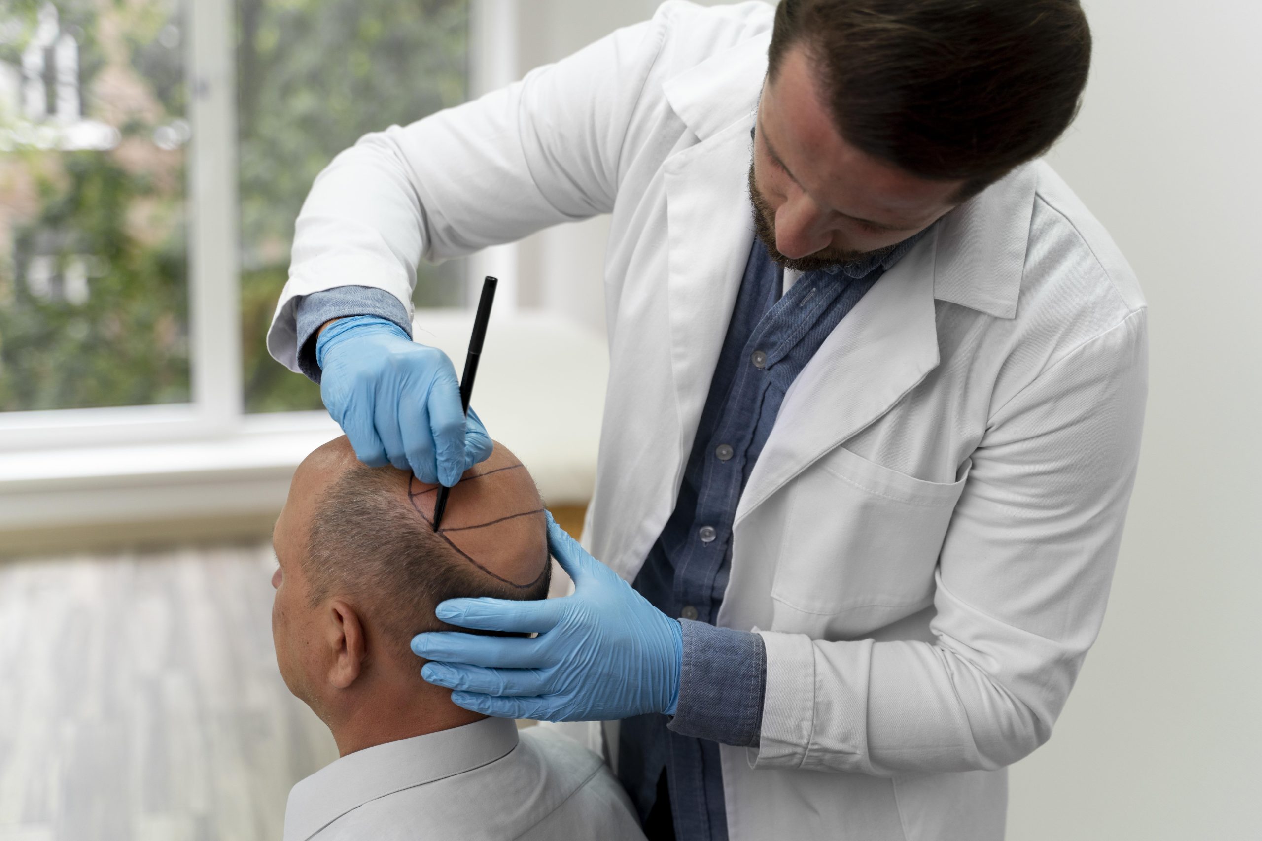 Bald man being assessed for hair transplant surgery