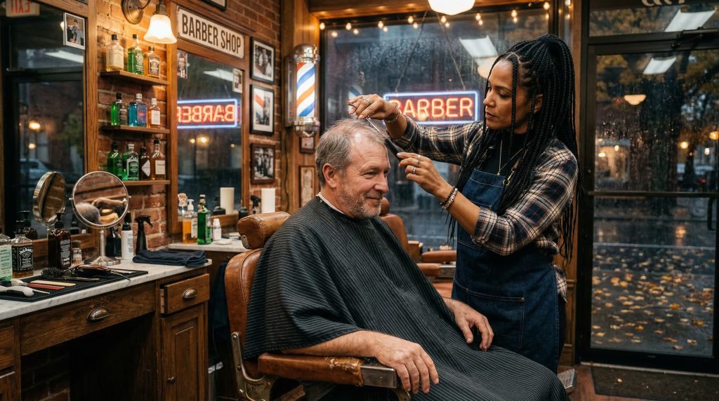 barber giving a shorter haircut to man with thinning hair for added volume
