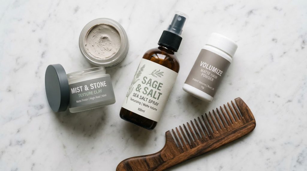 lightweight men's hair styling products for thinning hair — texture clay, sea salt spray, and matte powder