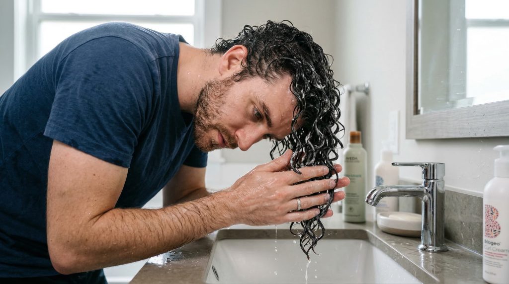 Man applying curl cream using squish-to-condish method on wet natural curls