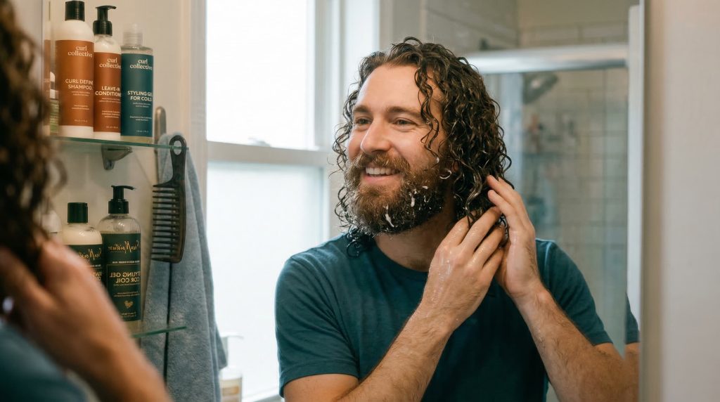 Confident man with natural curly afro and beard embracing his curly hair care routine