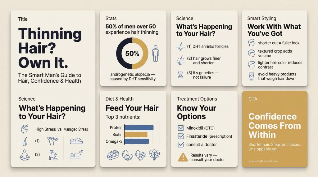 infographic showing thinning hair tips for men — causes, hairstyle strategies, diet tips, and confidence advice