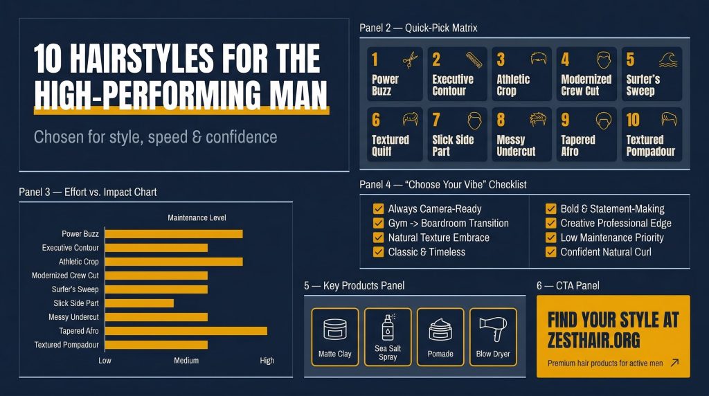 10 best men's hairstyles infographic — power buzz to textured pompadour style guide for active men