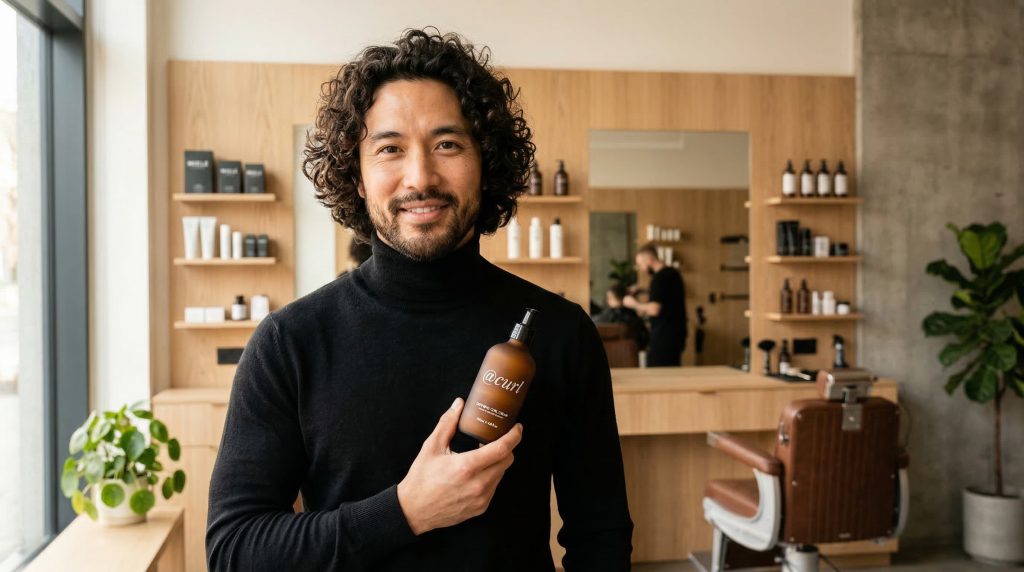 Editorial hero portrait of a stylish man with defined natural curls holding a curl cream bottle in a modern barbershop.