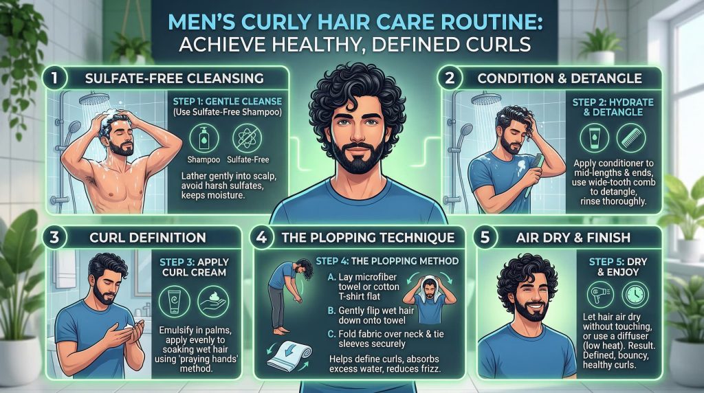 Men's curly hair care routine infographic: sulfate-free cleansing, conditioning, curl cream, and plopping technique steps