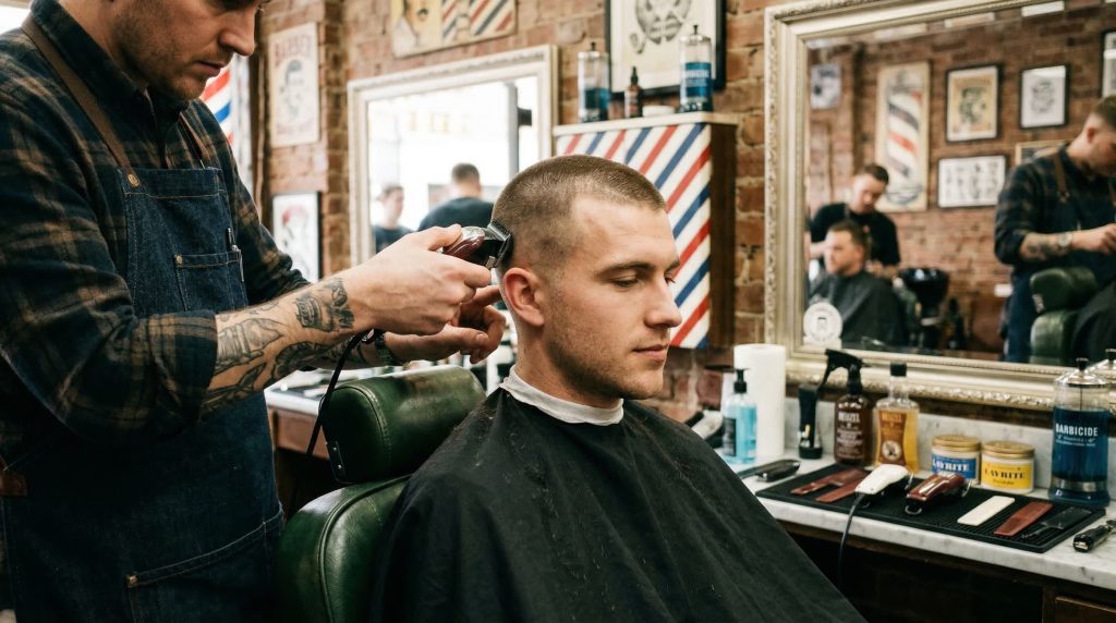 man getting buzz cut at barbershop — low maintenance men's power hairstyle