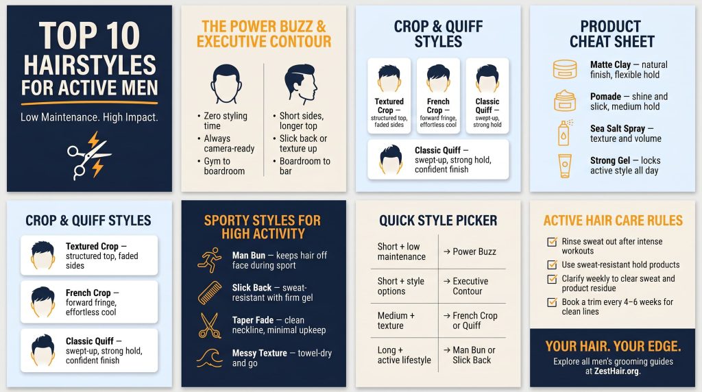 Top 10 hairstyles for active men infographic — power buzz, executive contour, quiff, man bun, and more with a style picker, product guide, and grooming tips