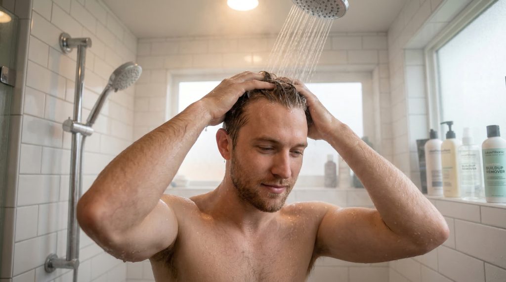Man massaging scalp to remove hair product buildup and restore shine