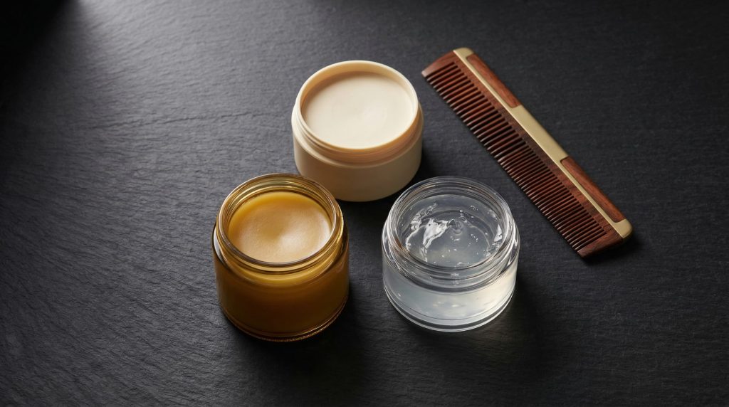 Men's hair styling products comparison: hair wax, pomade, and gel on dark slate with barbershop comb