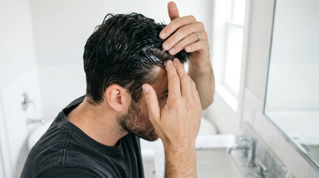 Man applying hair gel to short dark hair for a slick wet-look men's hairstyle
