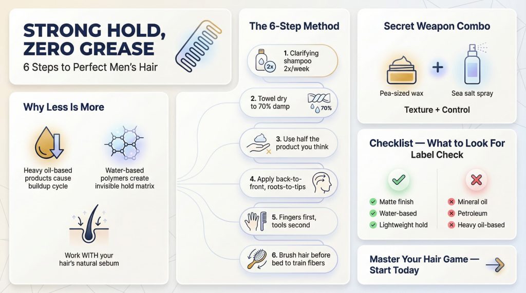 Infographic showing 6 steps to apply hair product for strong hold without grease
