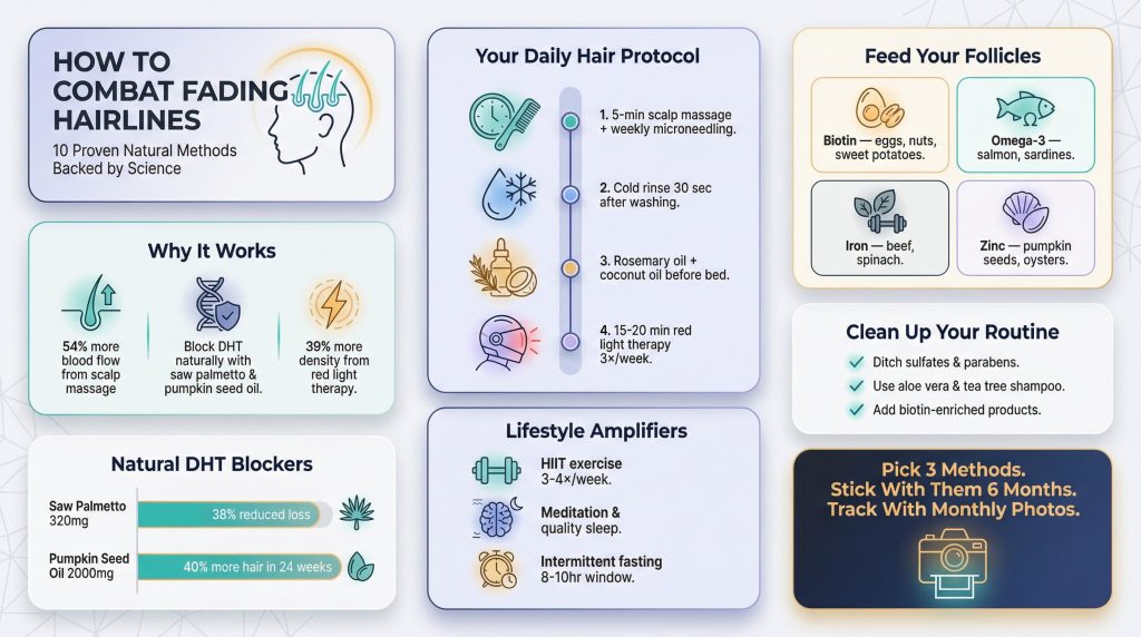 Infographic of 10 proven natural ways to fight hair loss with scalp massage diet DHT blockers and red light therapy tips