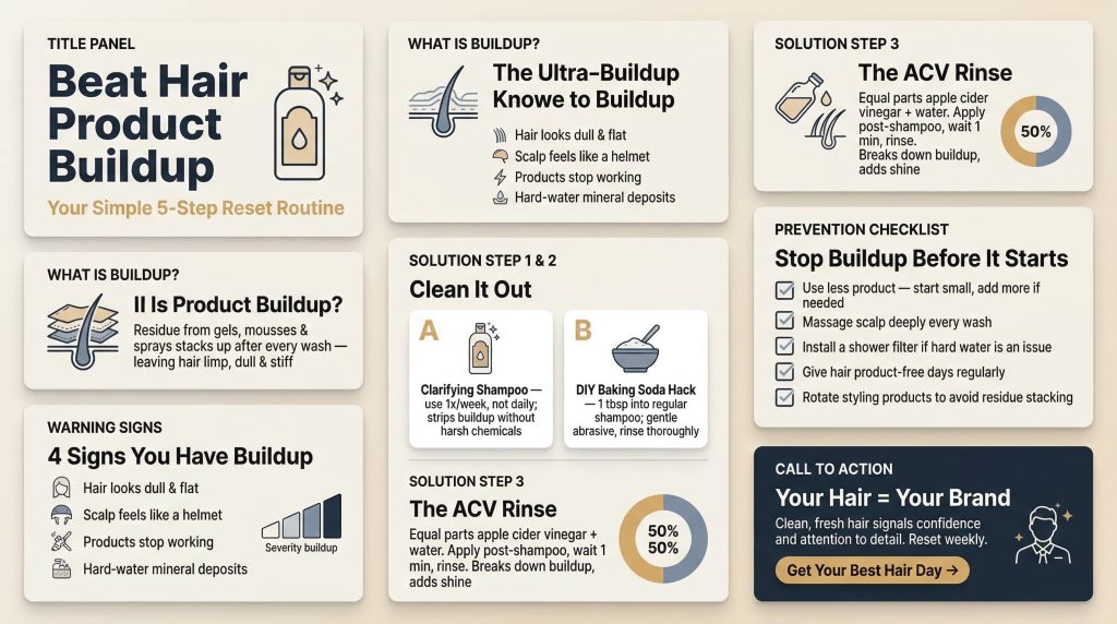 Men's hair product buildup removal guide: clarifying shampoo, ACV rinse, baking soda tips and prevention checklist

