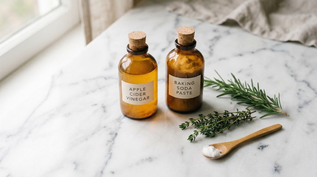 Apple cider vinegar and baking soda DIY hair clarifying rinse ingredients on marble surface