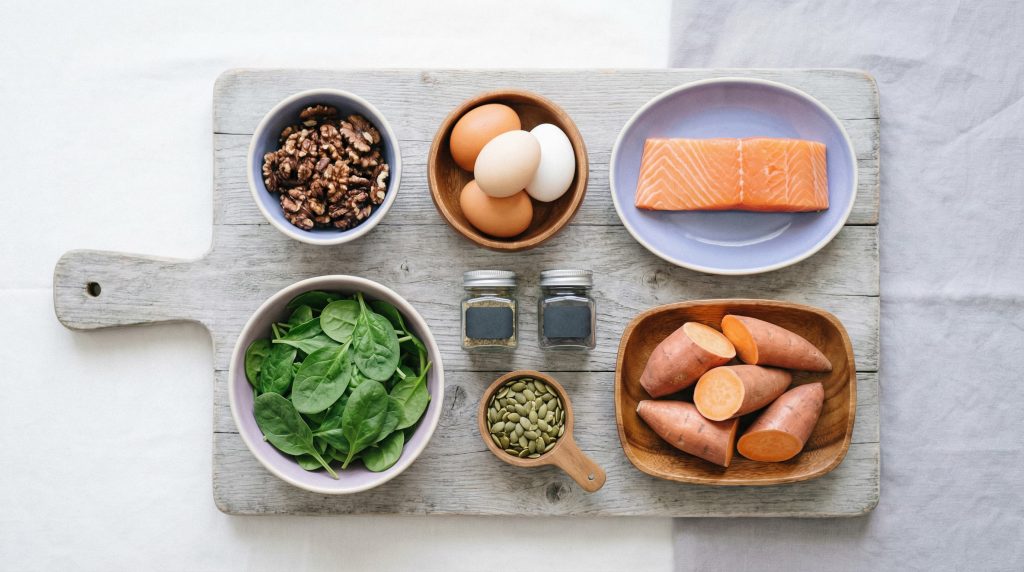 Biotin and omega-3 rich foods for natural hair growth including eggs salmon nuts and spinach