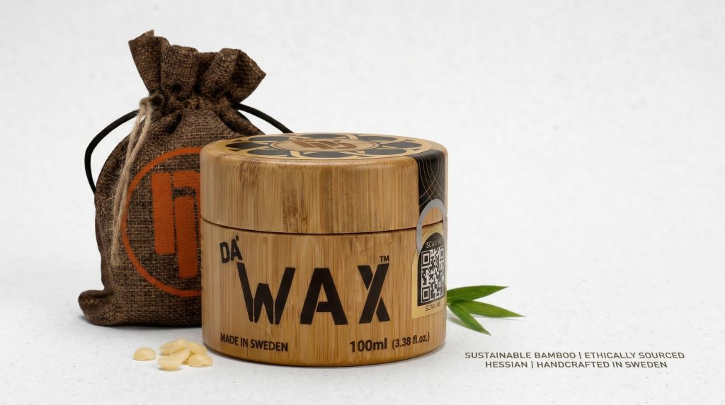 Da'Wax men's hair wax in sustainable bamboo tub with eco-friendly hessian bag packaging