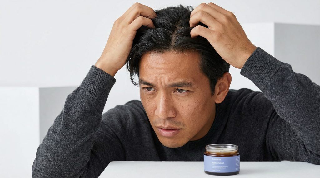 Man grabbing head frustrated by greasy hair product buildup on scalp