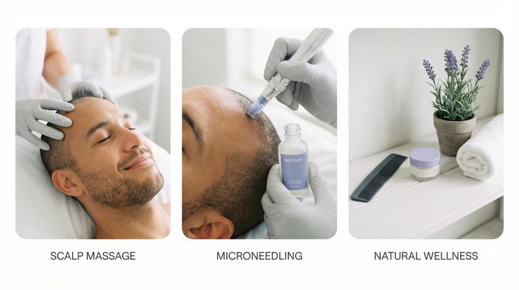 Man receiving scalp massage and microneedling treatment to combat hair loss naturally