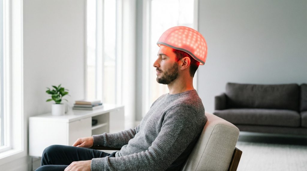 Man using red light therapy LLLT device at home to stimulate hair follicle regrowth