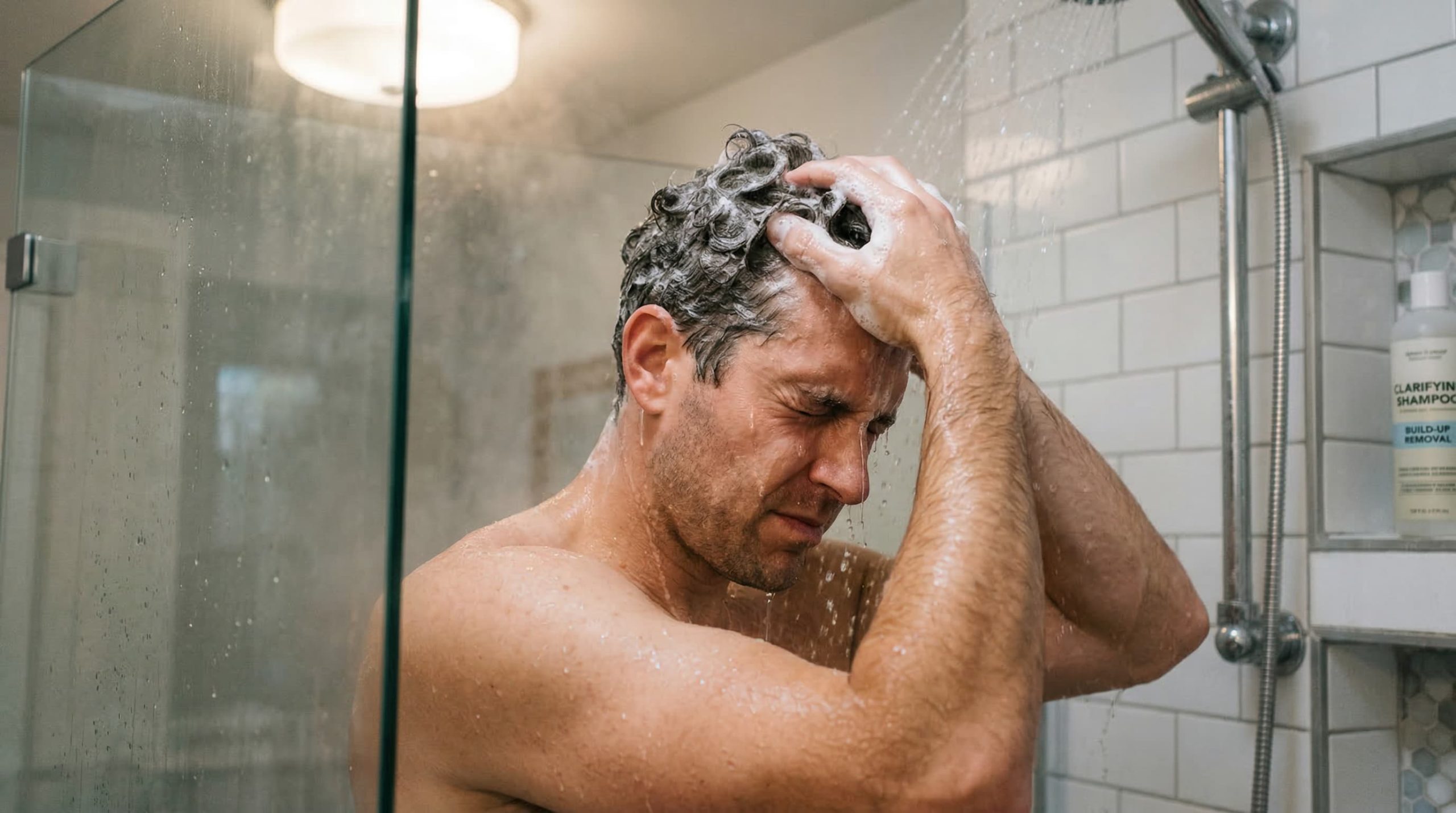 Man washing hair with clarifying shampoo to remove styling product buildup in shower