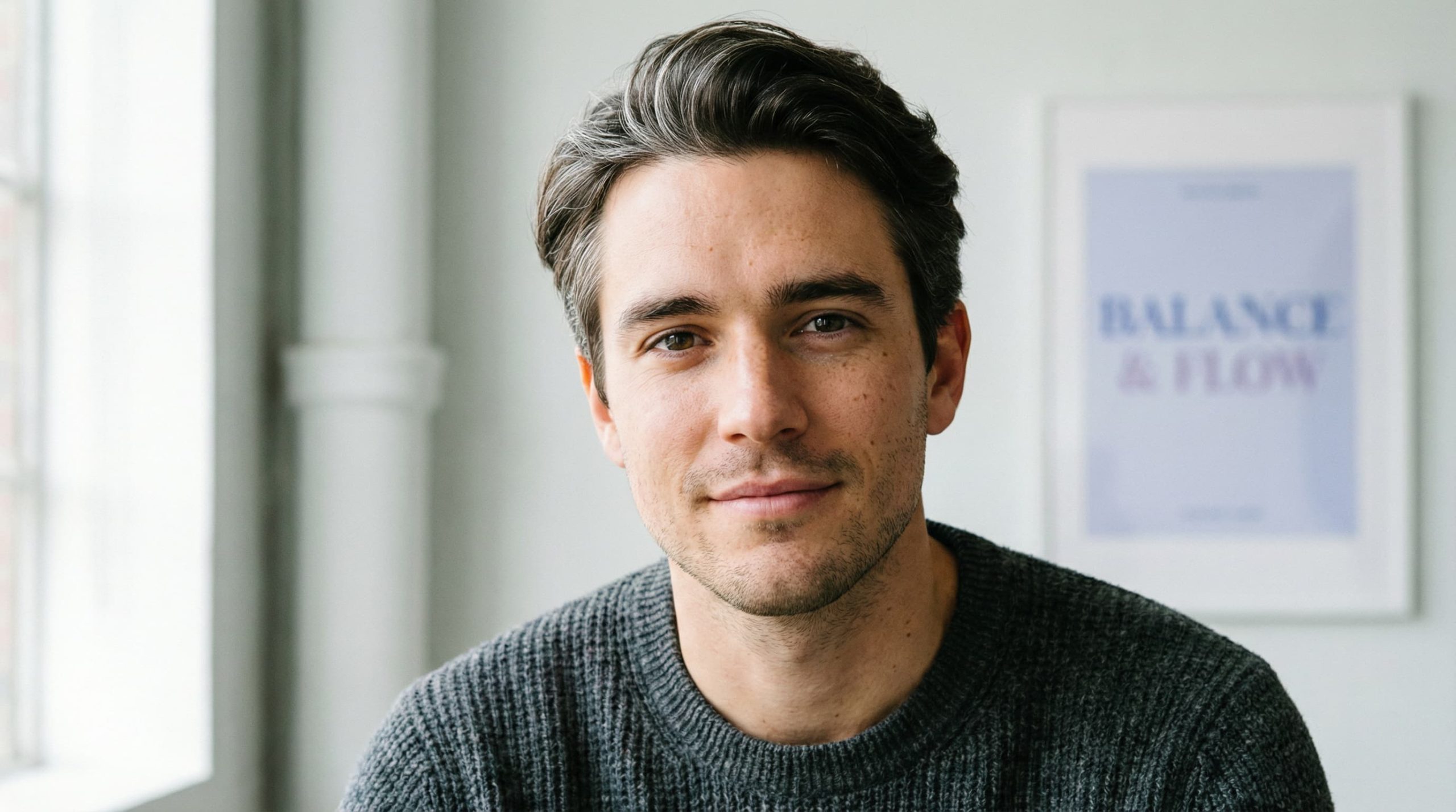 Young man in his 20s with silver grey streaks in dark hair looking confident
