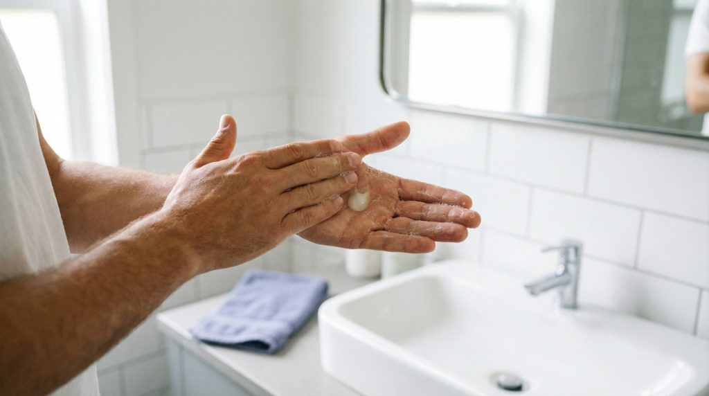 Man emulsifying pea-sized amount of water-based hair product between palms