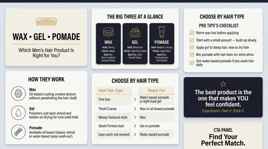 Infographic: Hair Wax vs Gel vs Pomade — men's styling guide with hold, finish, and hair type comparison
