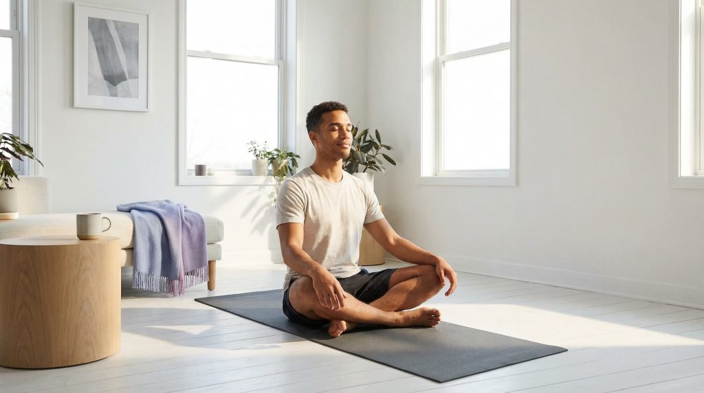 Young man meditating for stress management to help prevent premature grey hair
