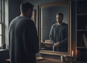Man looking at his reflection in bathroom mirror noticing first signs of premature grey hair and contemplating environmental triggers