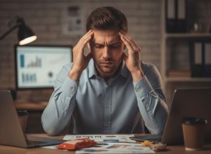 Man experiencing chronic stress rubbing temples showing mental strain that contributes to premature grey hair