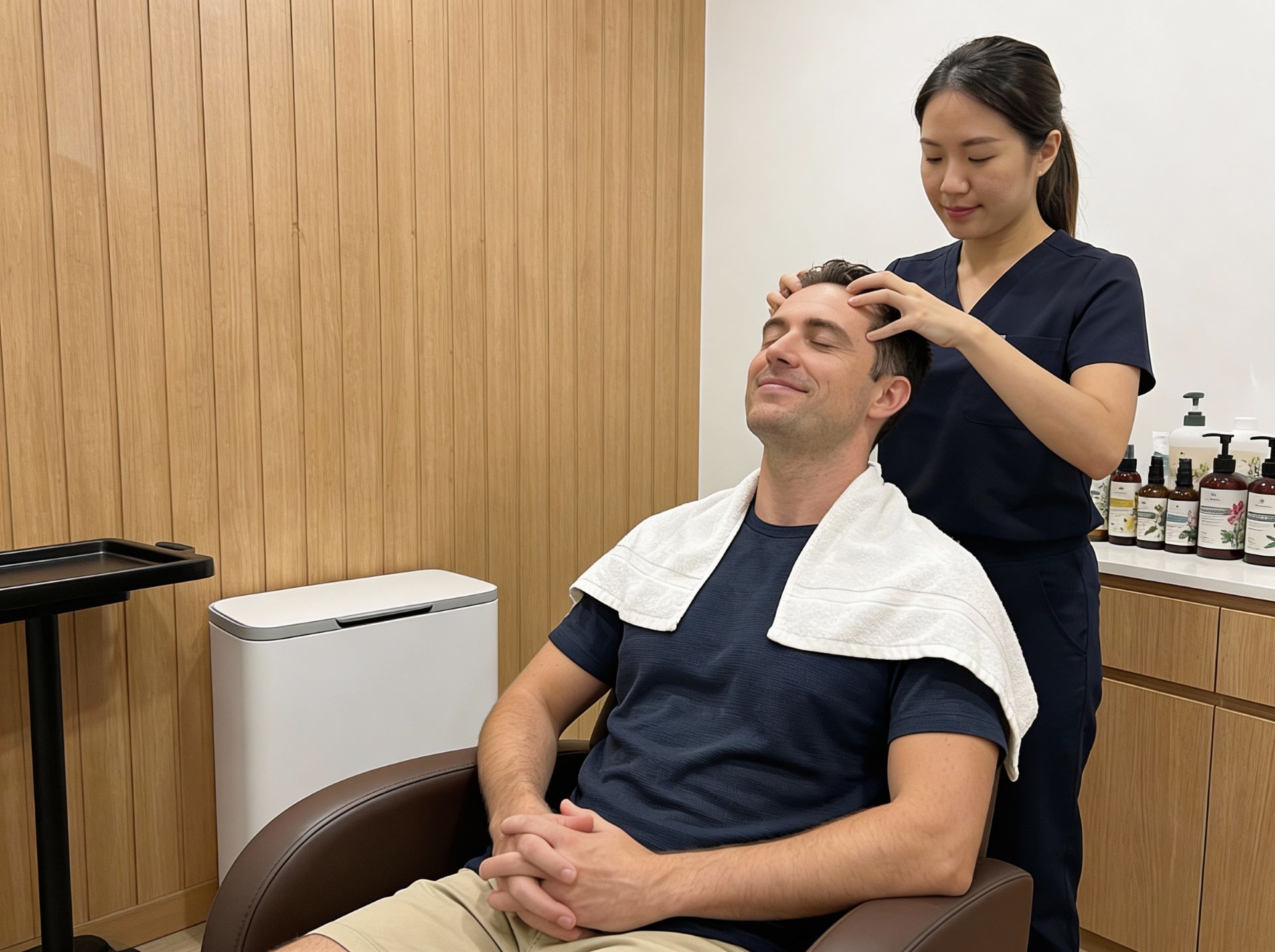 Man receiving professional scalp massage to stimulate blood circulation and promote healthy hair growth and scalp microbiome balance