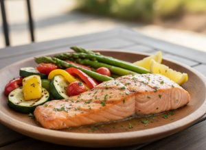 Grilled salmon with fresh vegetables providing omega-3 fatty acids vitamin D and selenium essential nutrients for preventing premature grey hair